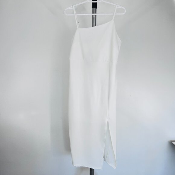 Sz M- NWT OWIN White Asymmetrical Neckline Side Split Sexy Bodycon‎ Midi Dress - Picture 3 of 15